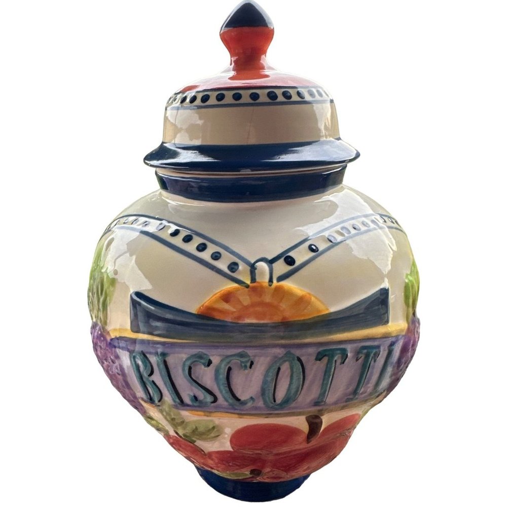 Biscotti Cookie Jar Canister Ceramic w/Lid Fruit Theme Multicolored 12" Tall